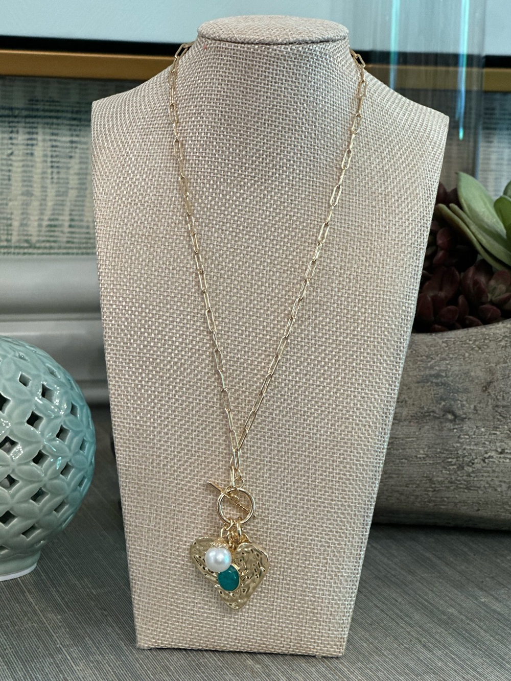 Mayamar Turquoise Heart Paperclip Necklace with Pearl